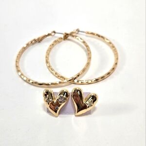 NWOT Goldtone Diamond Cut Hoops 2" and Heart Post Earrings with Cubic Zirconia